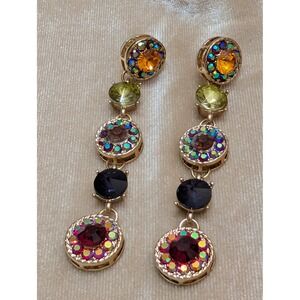 Christian Siriano Multicolor Crystal Drop Statement Earrings Gold Tone 3.5 Inch